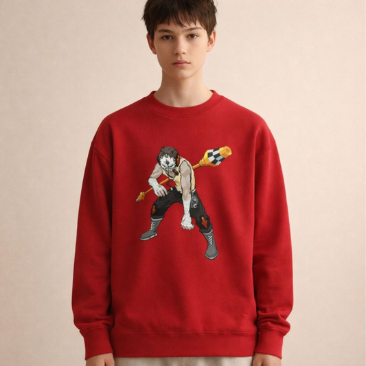 Harlequin jester graphic sweatshirt on model, red unisex crewneck with hand-drawn streetwear illustration.