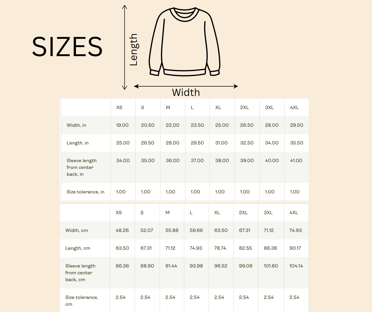 Measurement chart for a sweatshirt with dimensions in inches and centimeters on a beige background.