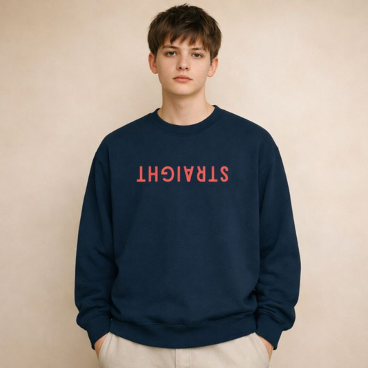Minimalist navy crewneck sweatshirt featuring upside-down STRAIGHT text, gender-neutral streetwear