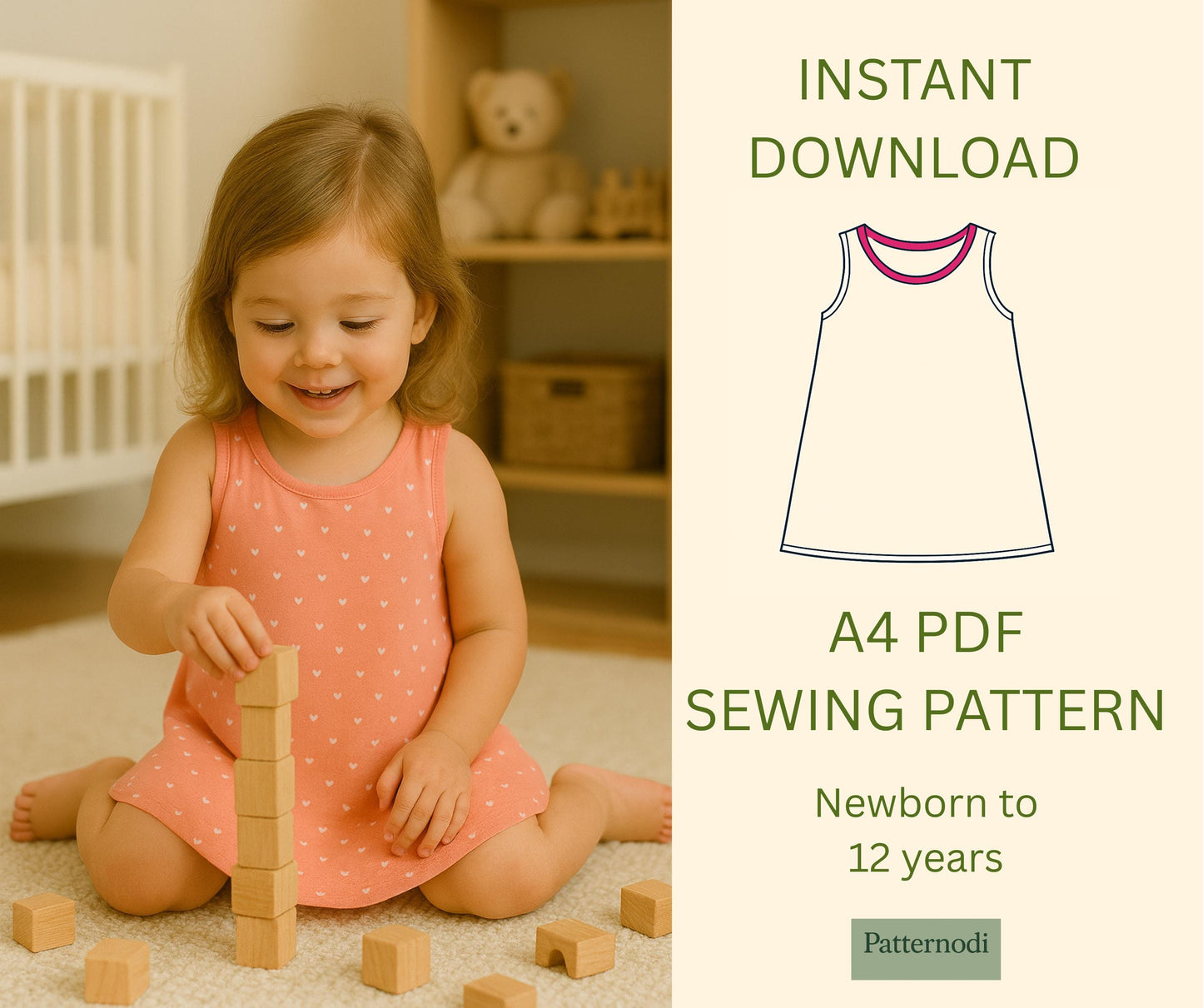 A-Line Dress Pattern PDF | Baby Girl Toddler Sewing | Kids Sundress A4 File