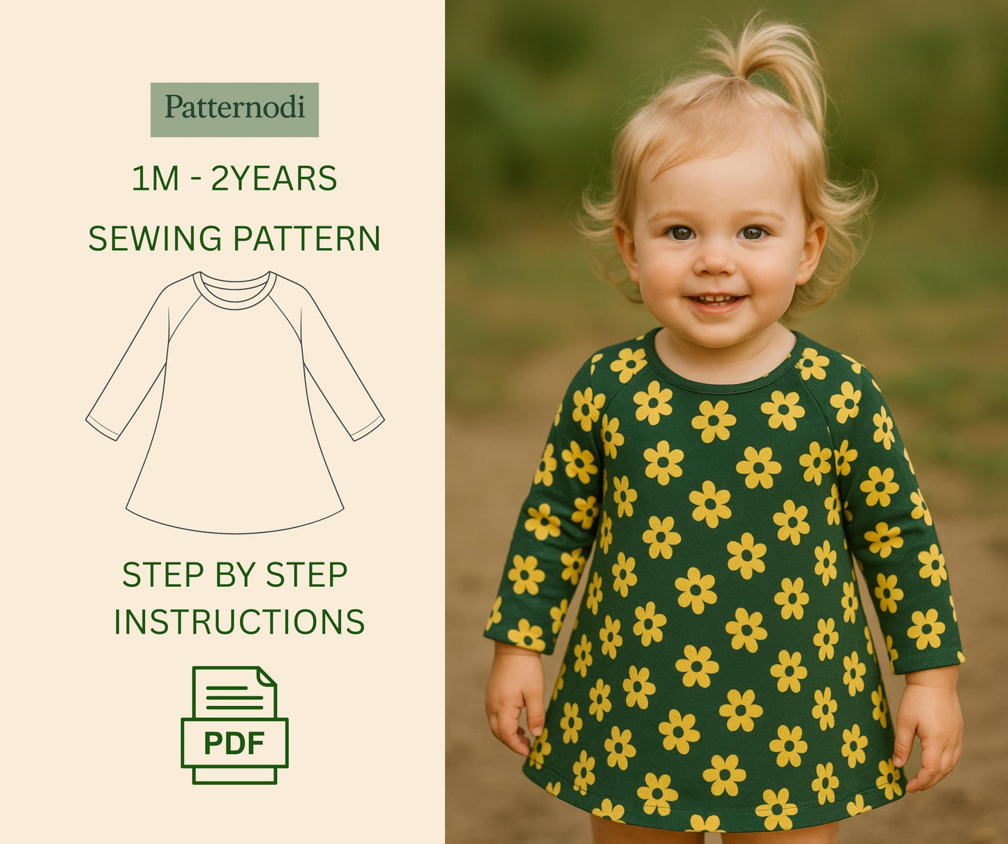 Baby Dress Pattern: Long Sleeve A-Line Sewing (A4 PDF Digital Download)