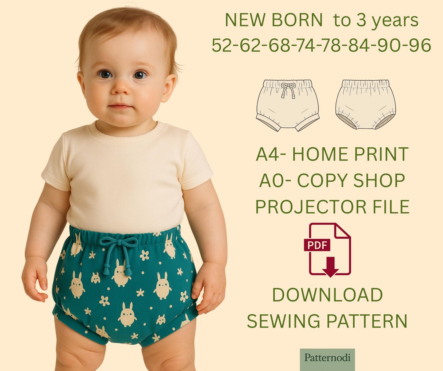 Baby Bloomer Pattern PDF Newborn–3 Years Easy Shorts Sewing A4 A0 Projector Files