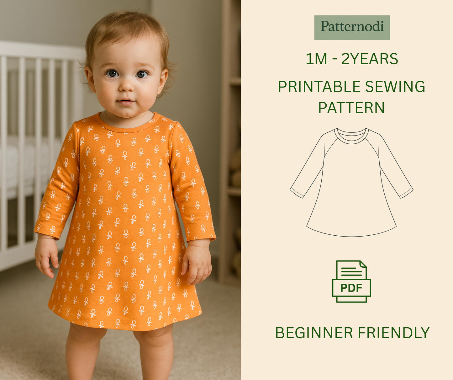 Baby Dress Pattern: Long Sleeve A-Line Sewing (A4 PDF Digital Download)