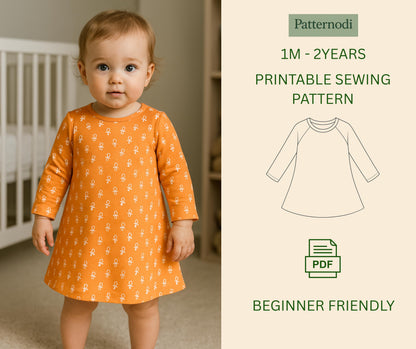 Baby Dress Pattern: Long Sleeve A-Line Sewing (A4 PDF Digital Download)