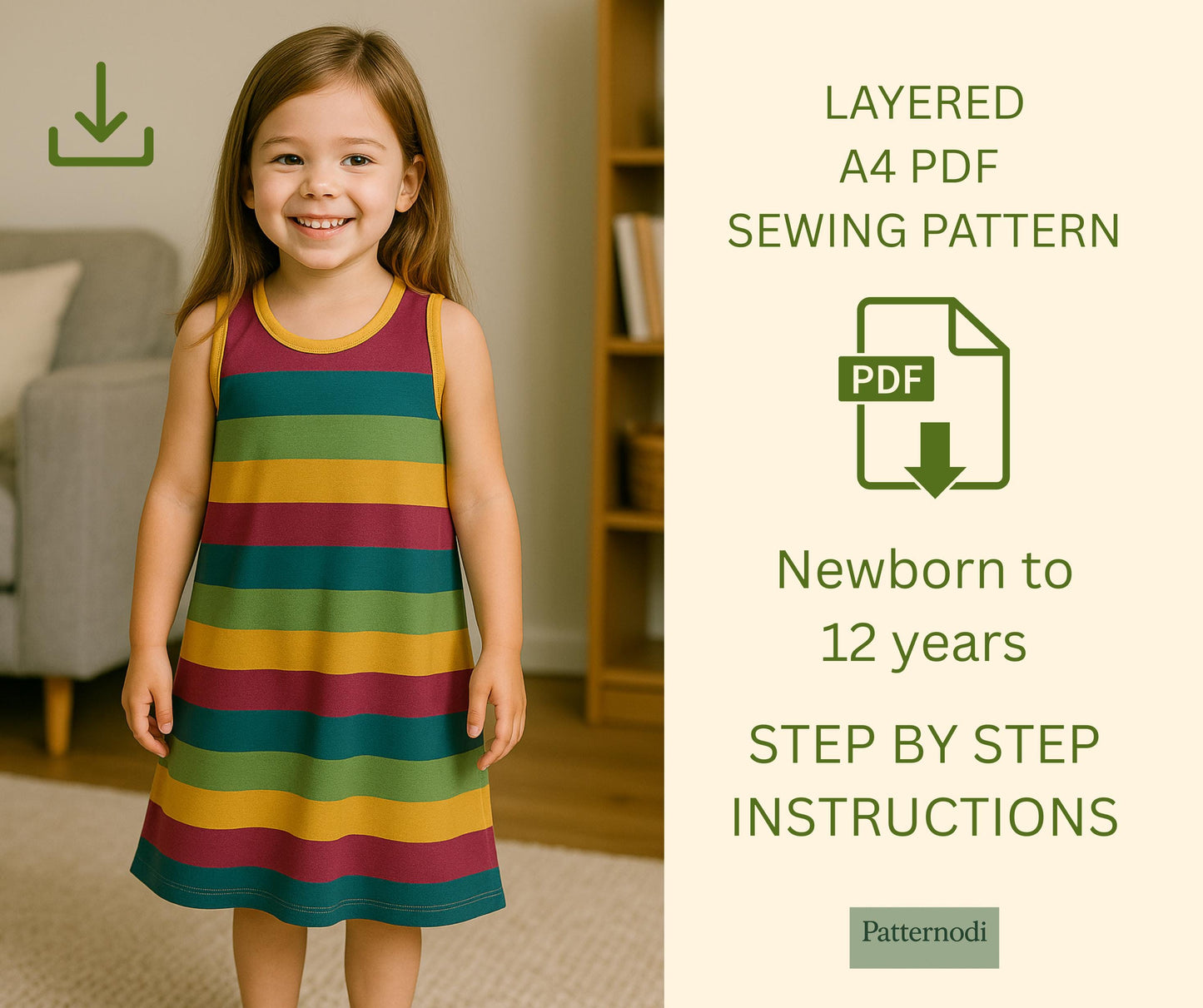 A-Line Dress Pattern PDF | Baby Girl Toddler Sewing | Kids Sundress A4 File