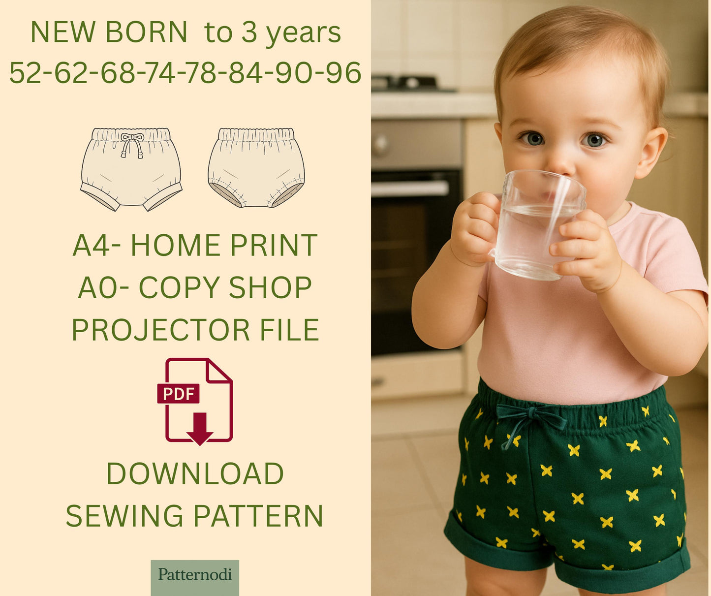 Baby Bloomer Pattern PDF Newborn–3 Years Easy Shorts Sewing A4 A0 Projector Files