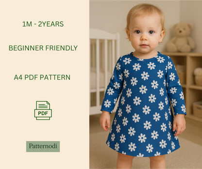 Baby Dress Pattern: Long Sleeve A-Line Sewing (A4 PDF Digital Download)