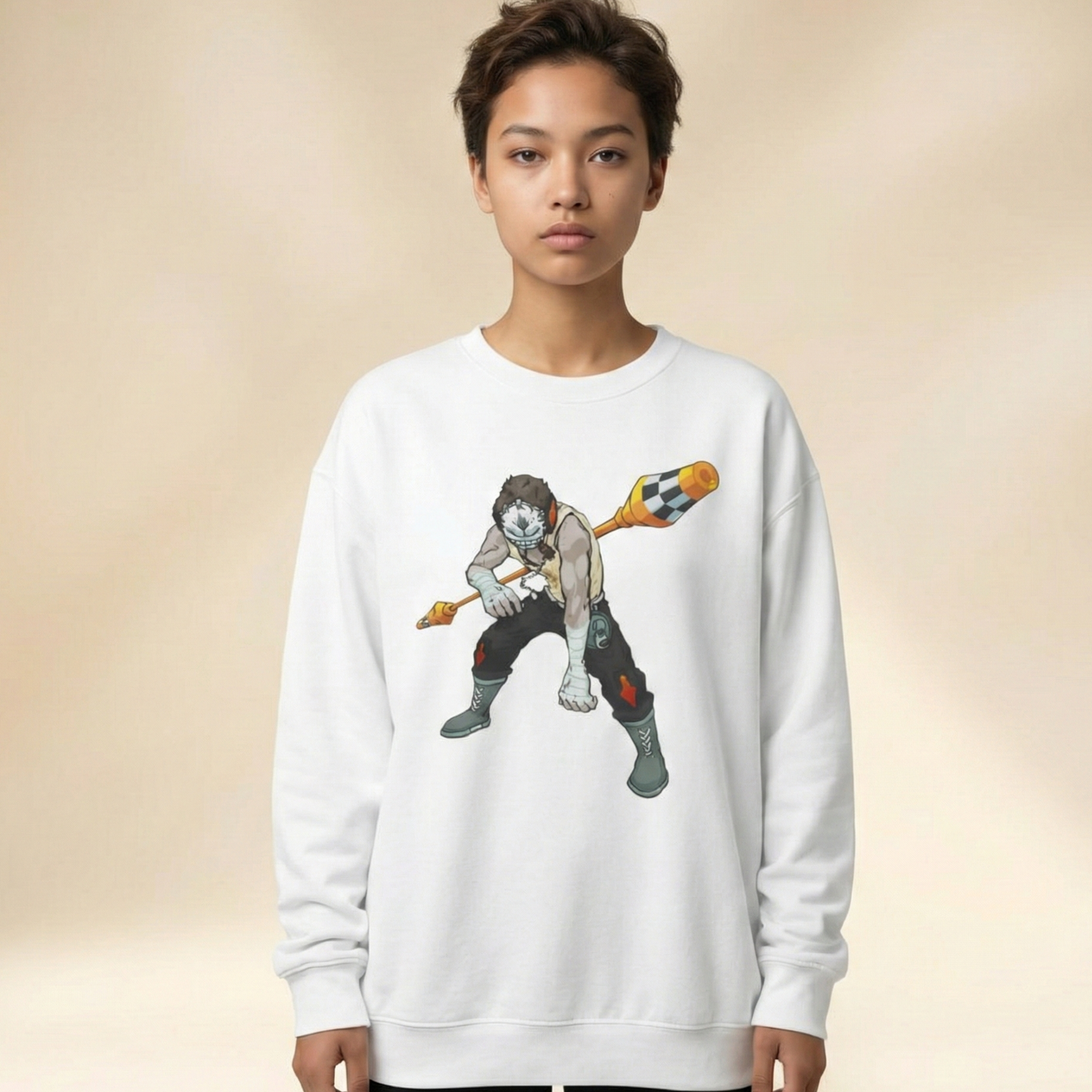 Harlequin jester graphic sweatshirt on model, white unisex crewneck with hand-drawn streetwear illustration.