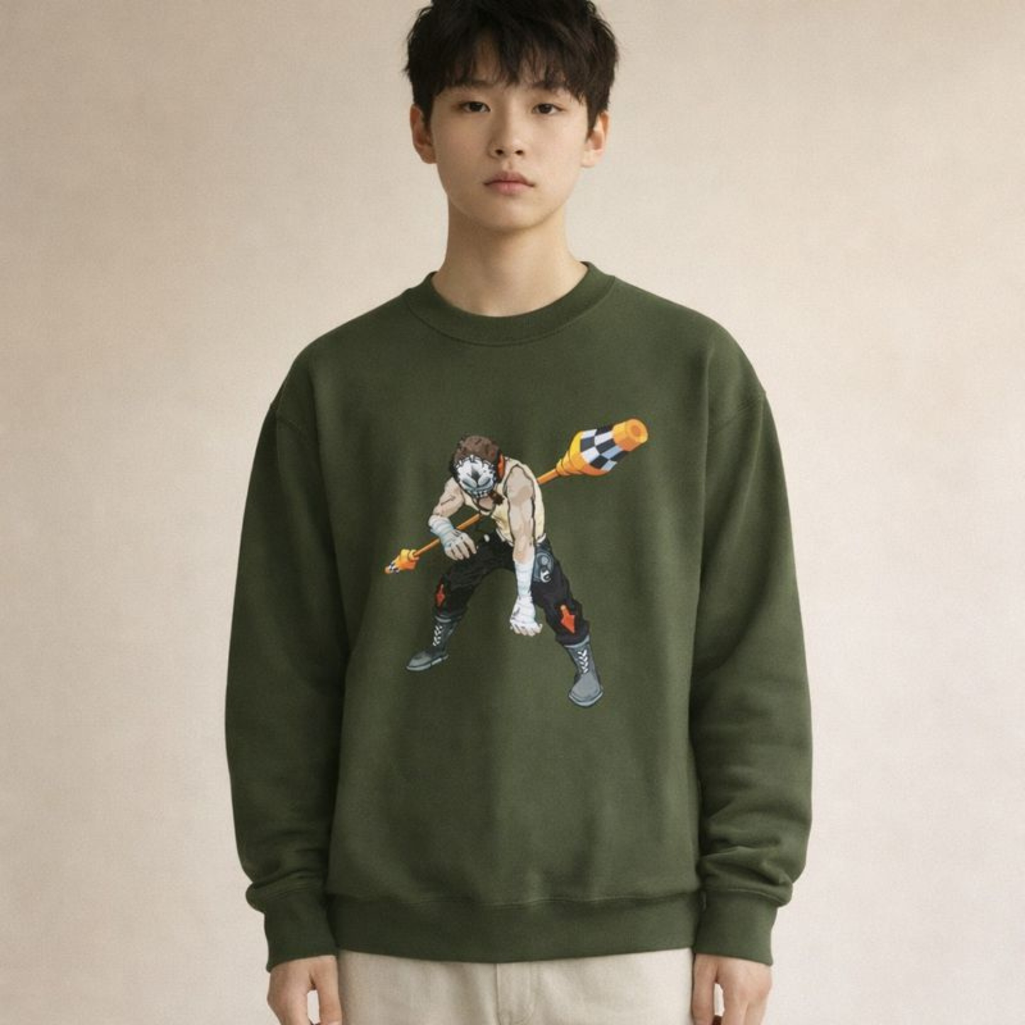 Harlequin jester graphic sweatshirt on model, green unisex crewneck with hand-drawn streetwear illustration.