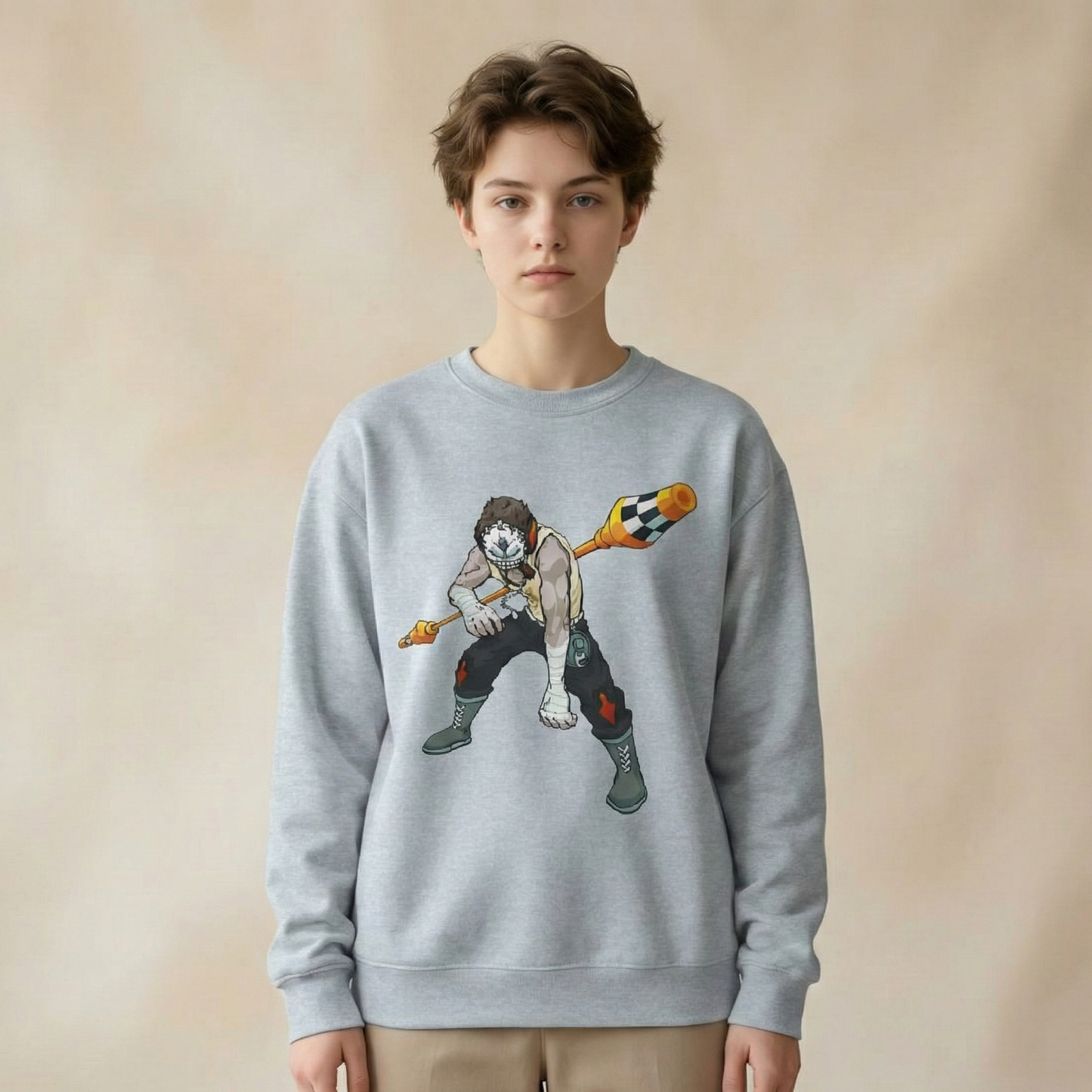 Harlequin jester graphic sweatshirt on model, grey unisex crewneck with hand-drawn streetwear illustration.