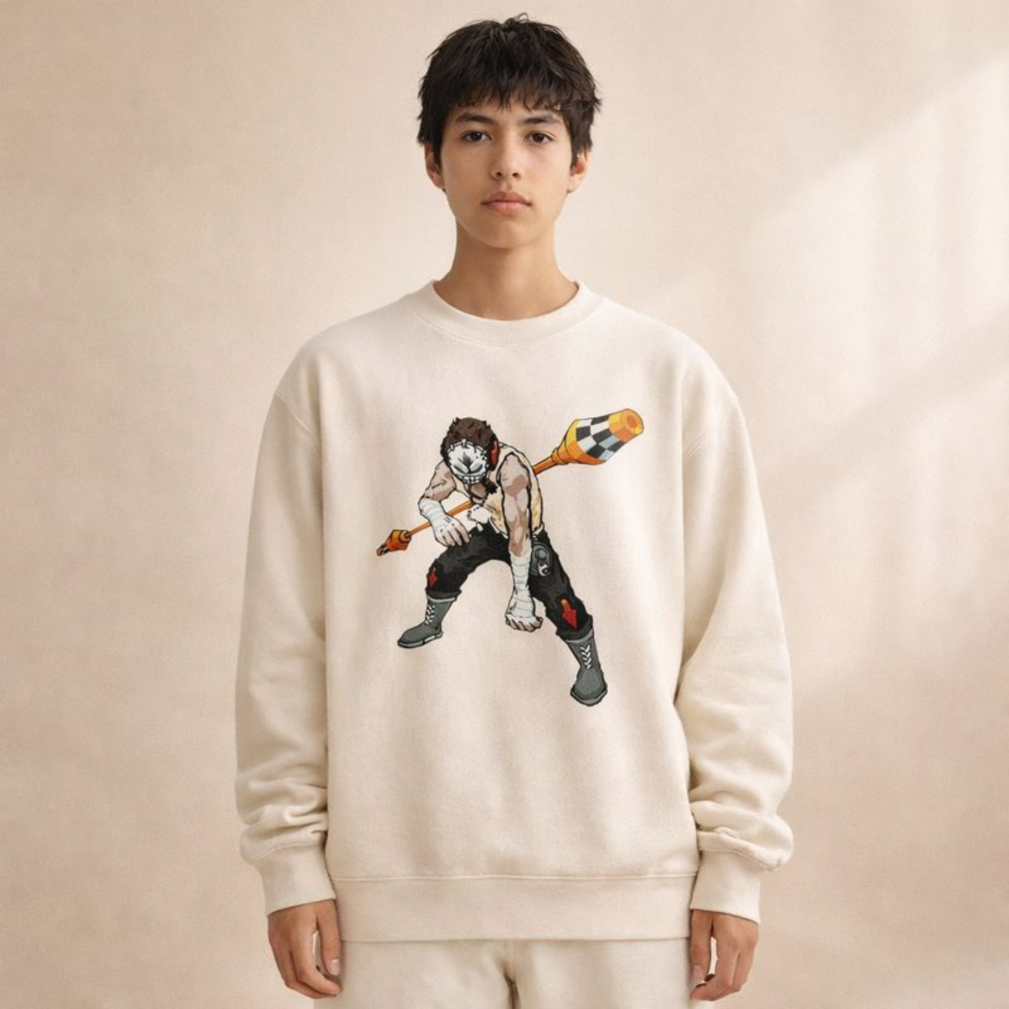 Harlequin jester graphic sweatshirt on model, cream unisex crewneck with hand-drawn streetwear illustration.
