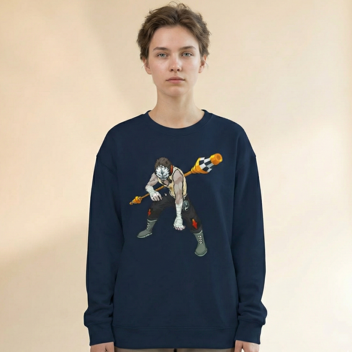 Harlequin jester graphic sweatshirt on model, navy unisex crewneck with hand-drawn streetwear illustration.