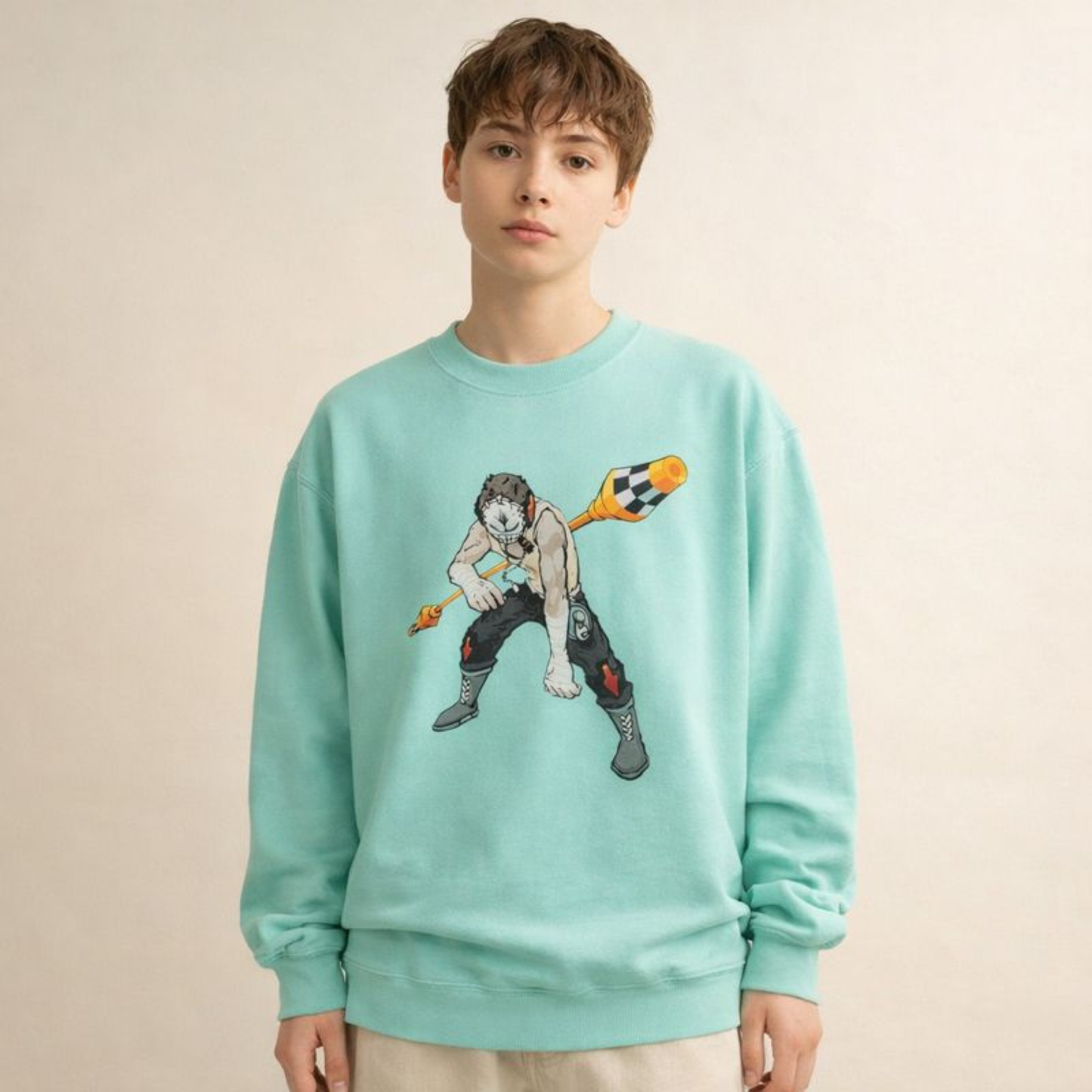 Harlequin jester graphic sweatshirt on model, mint unisex crewneck with hand-drawn streetwear illustration.