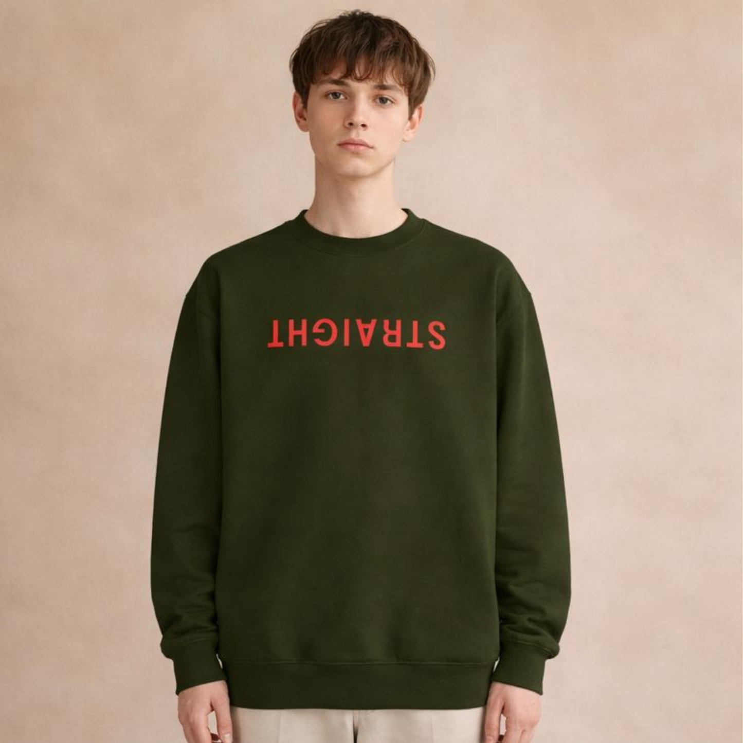 Dark green unisex crewneck sweatshirt with upside-down STRAIGHT typography print, minimalist streetwear style.”