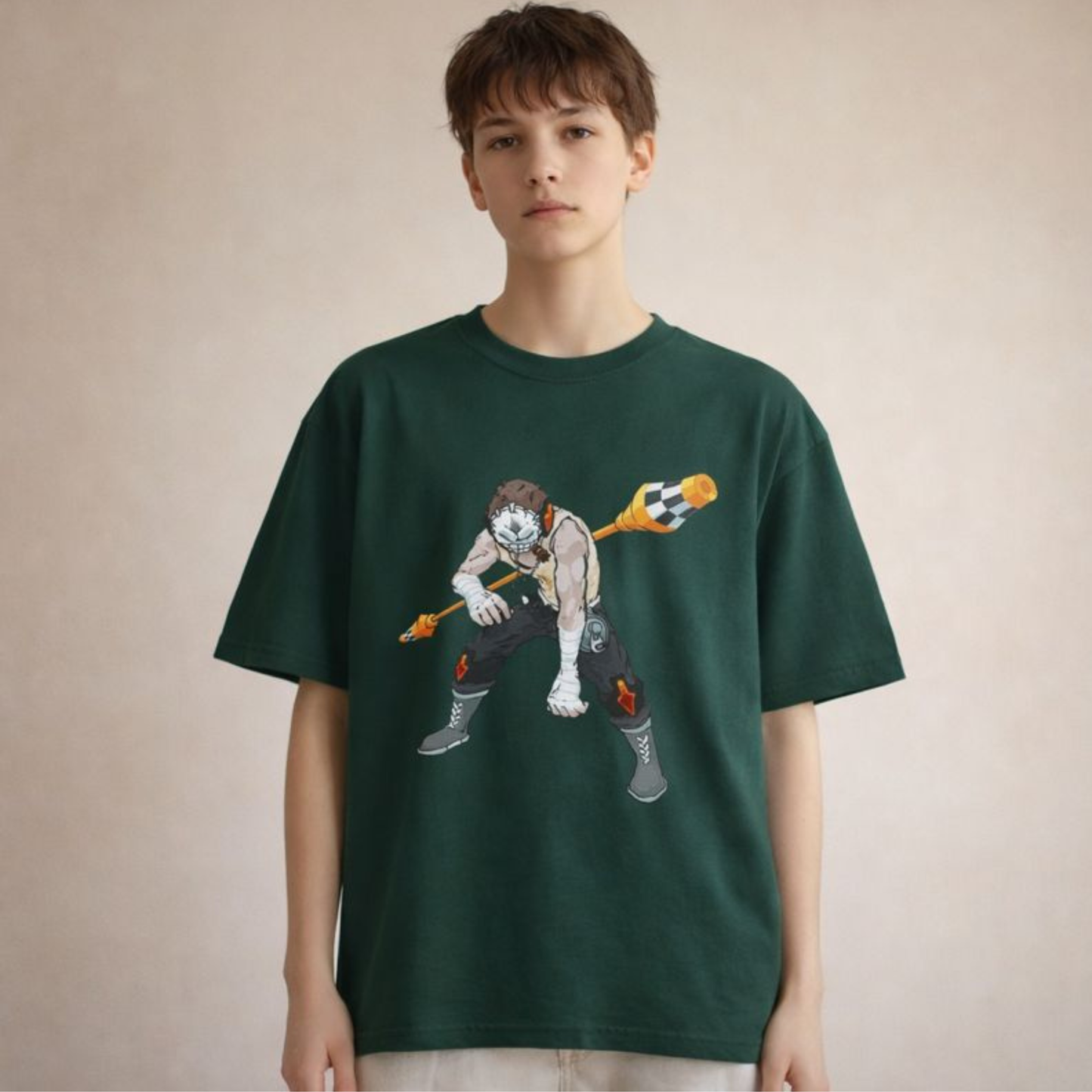 Forest green oversized unisex streetwear t-shirt with illustrated warrior character graphic, photographed in soft neutral studio light