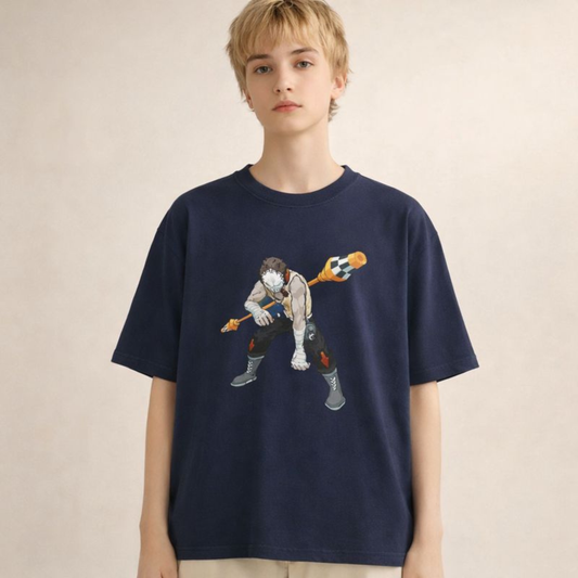 Oversized navy streetwear t-shirt with illustrated comic style character graphic, worn by unisex model in clean studio setting