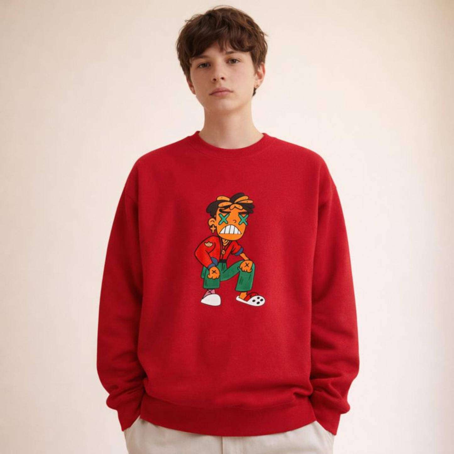 Red streetwear crewneck sweatshirt with a vibrant cartoon character illustration, relaxed unisex silhouette.