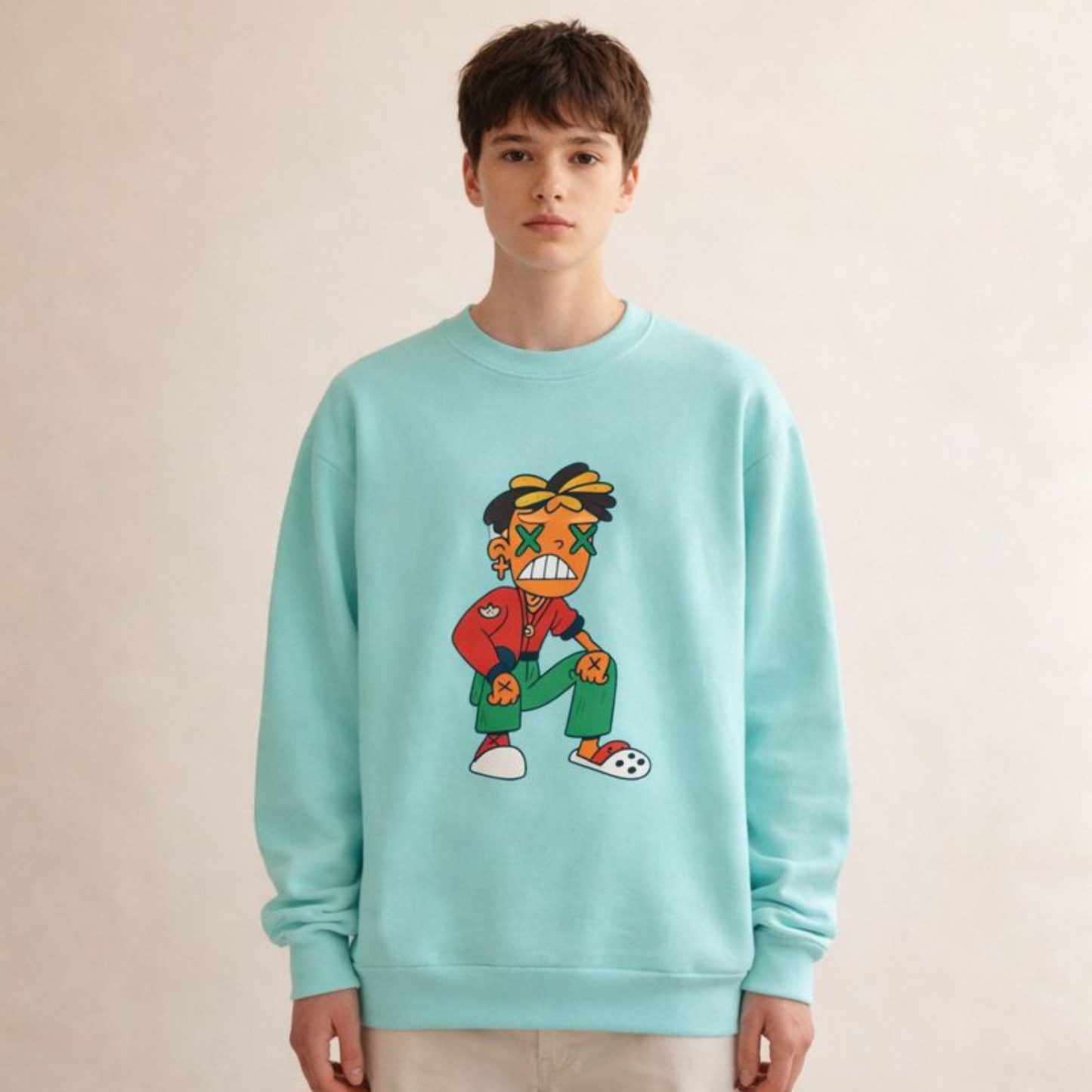 Streetwear cartoon character sweatshirt, hand-drawn graphic unisex crewneck on mint blue, studio beige background.