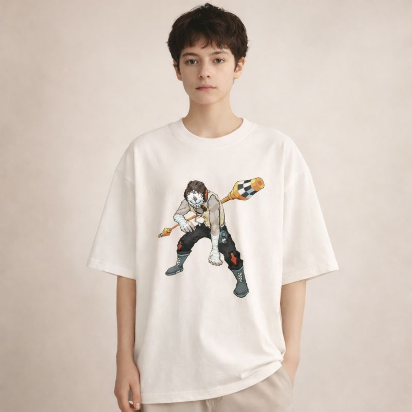 Oversized white streetwear t-shirt with detailed illustrated warrior character print, worn by unisex model in neutral studio setting