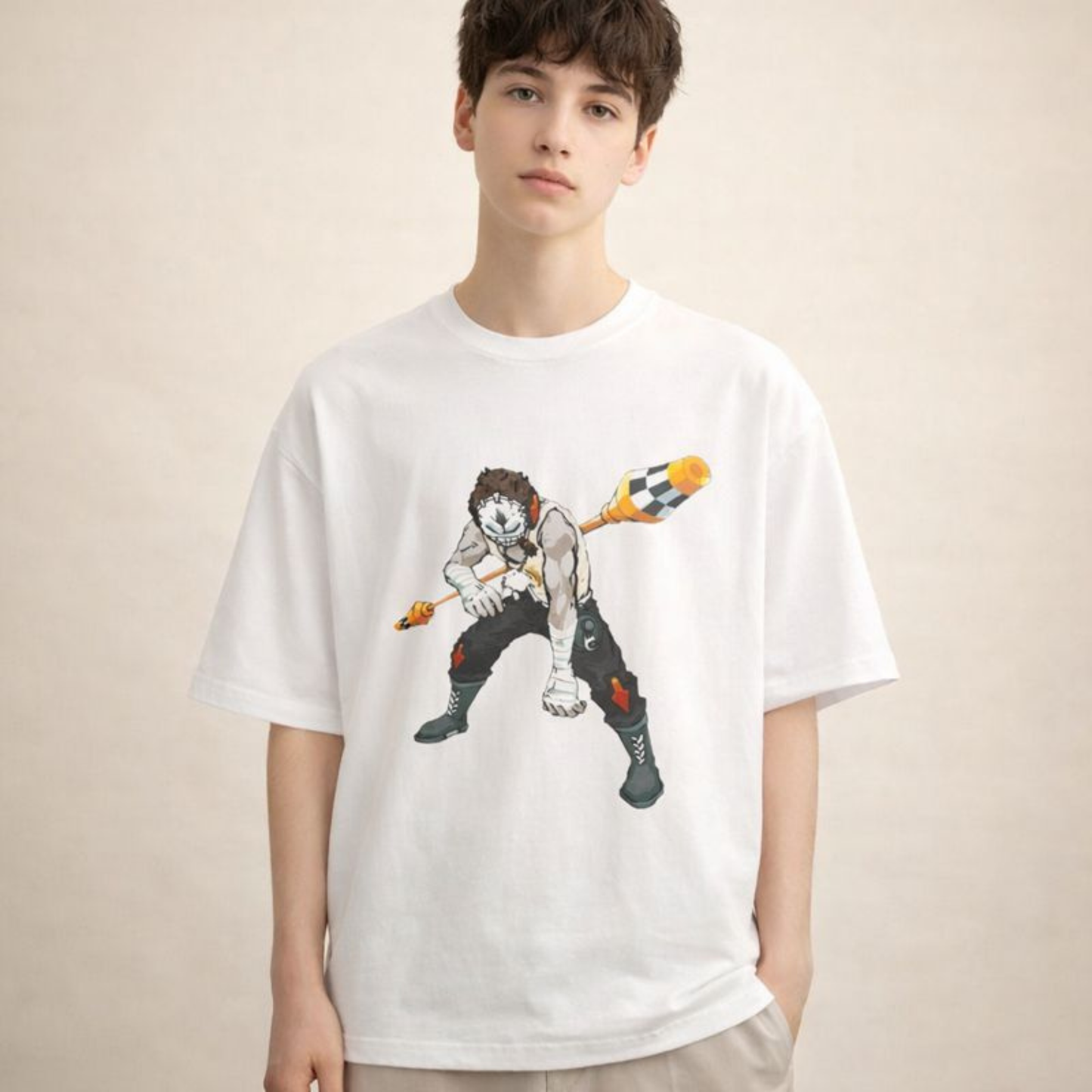 White oversized streetwear t-shirt featuring a bold illustrated comic character, styled on unisex model in minimal studio light