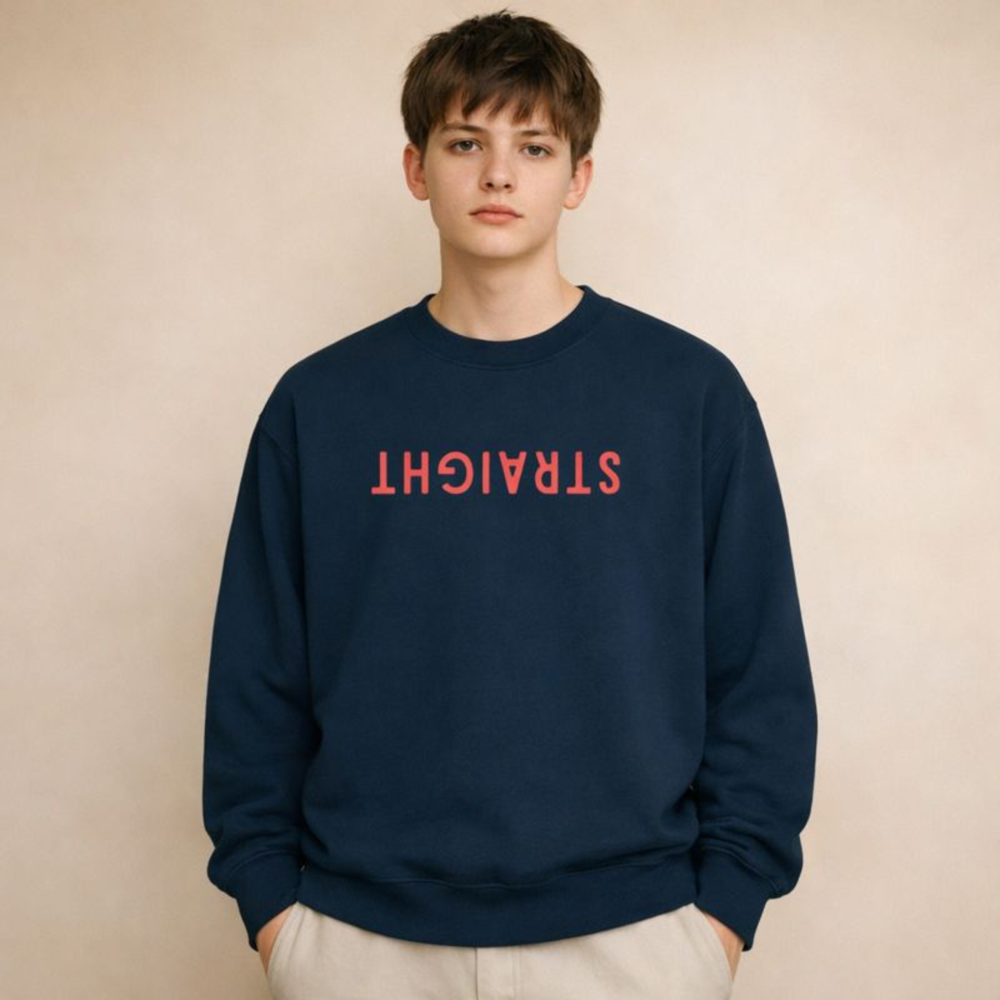 Minimalist navy crewneck sweatshirt featuring upside-down STRAIGHT text, gender-neutral streetwear