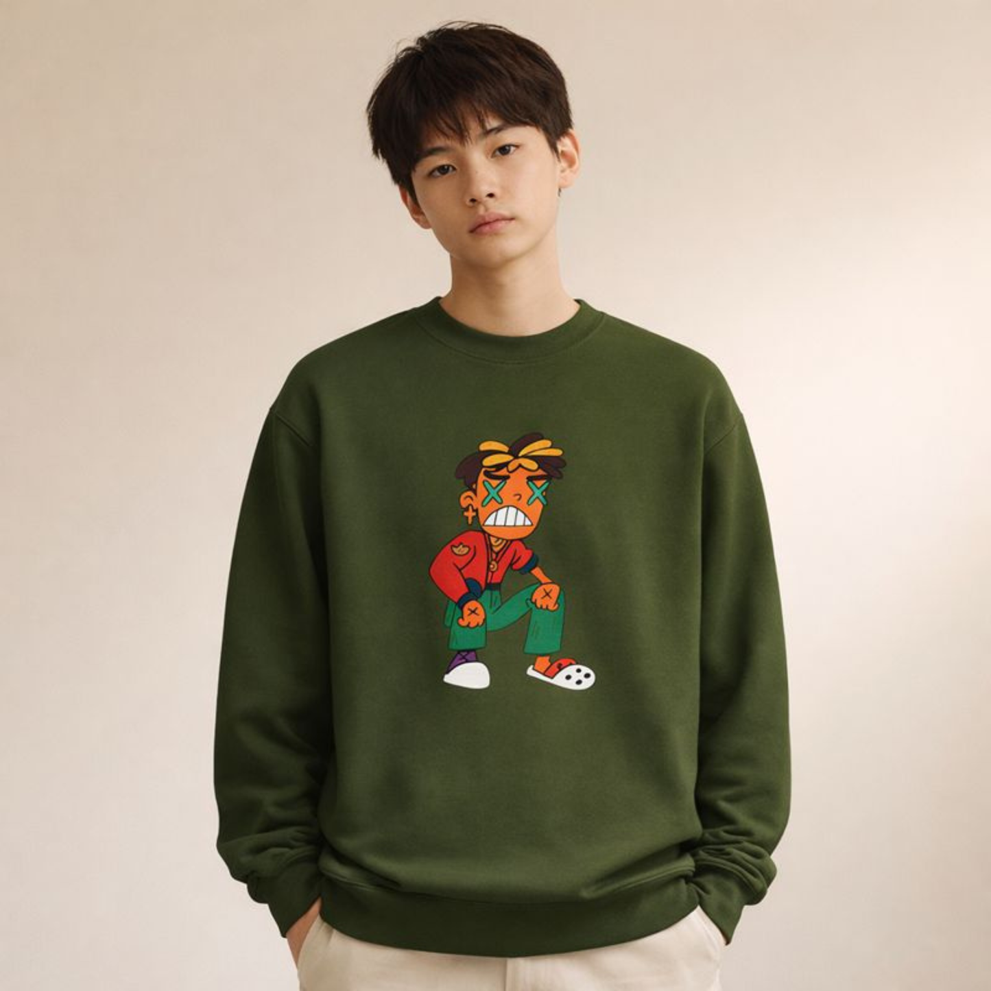 Streetwear Cartoon Character Sweatshirt | Hand-Drawn Graphic Unisex Crewneck