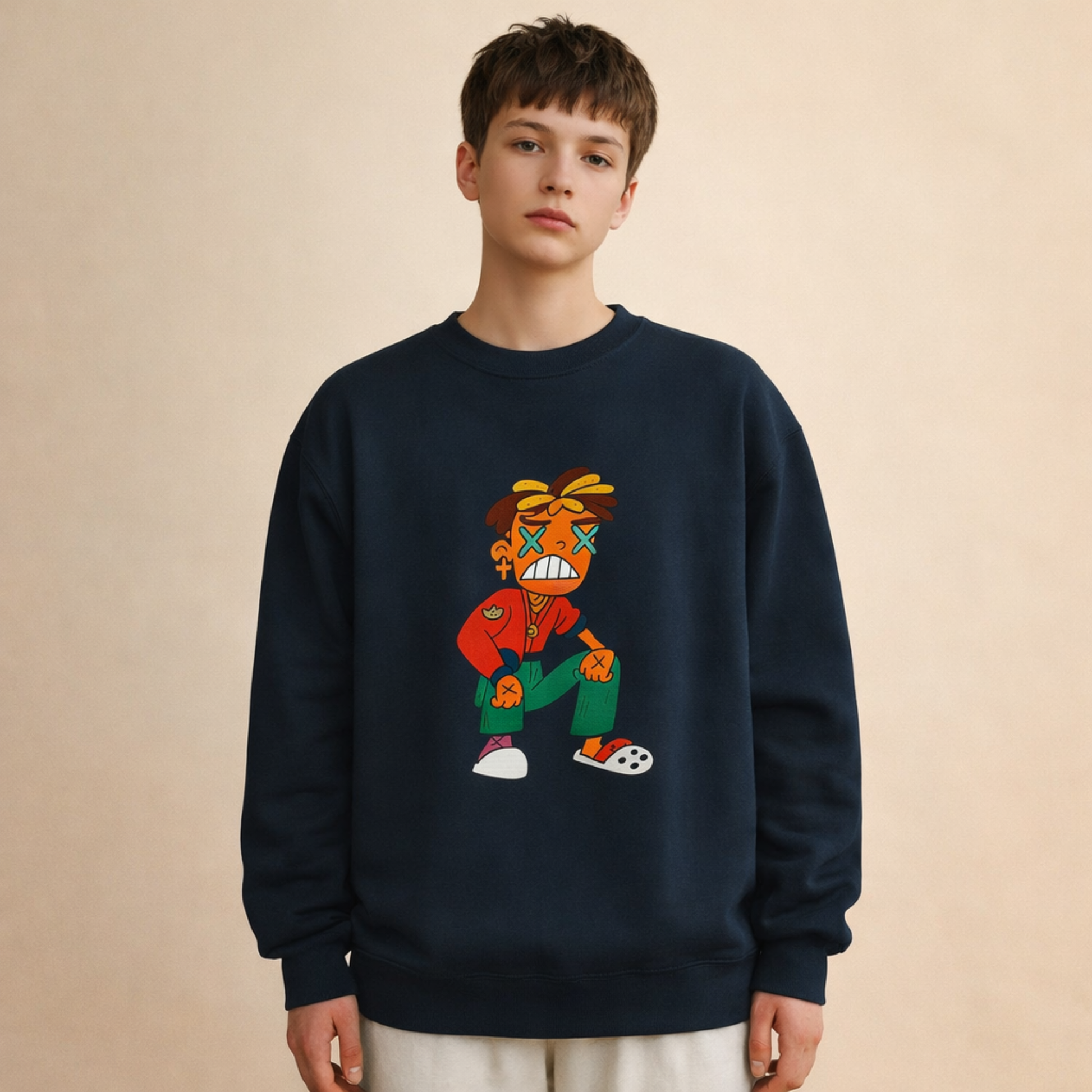 Streetwear cartoon character sweatshirt in navy blue, hand-drawn graphic unisex crewneck, clean studio shot on beige background.