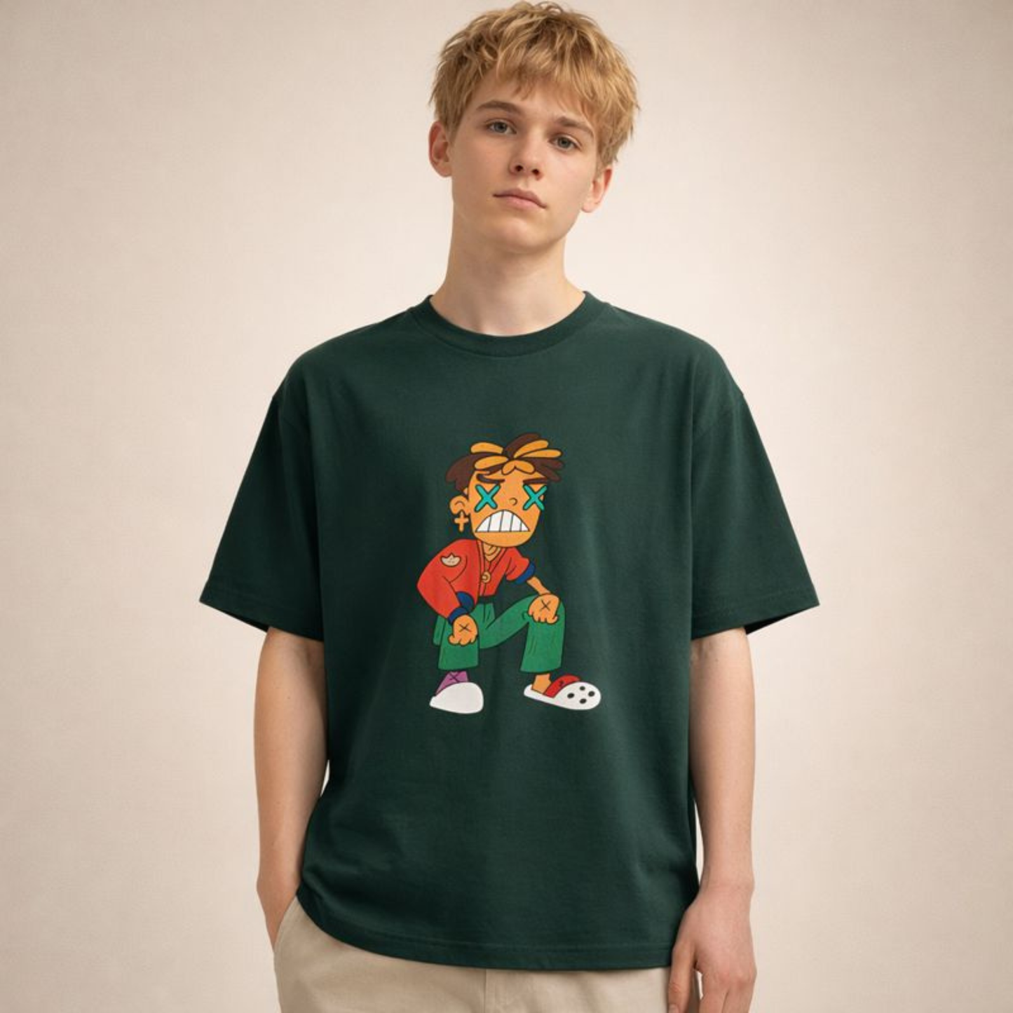 Forest green oversized graphic t-shirt with expressive cartoon artwork, styled on relaxed unisex model in minimal studio light