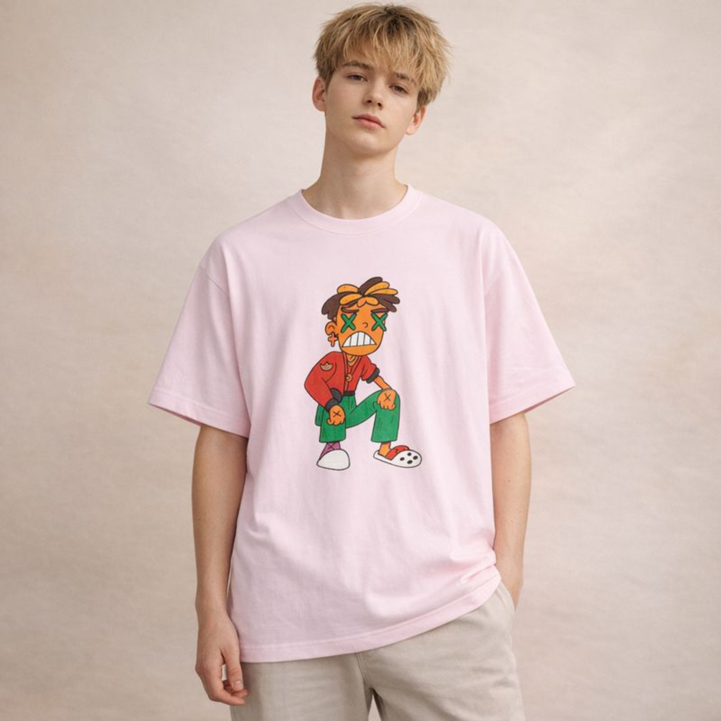 Unisex oversized pink t-shirt featuring a bold cartoon character print, worn by androgynous model in neutral studio setting