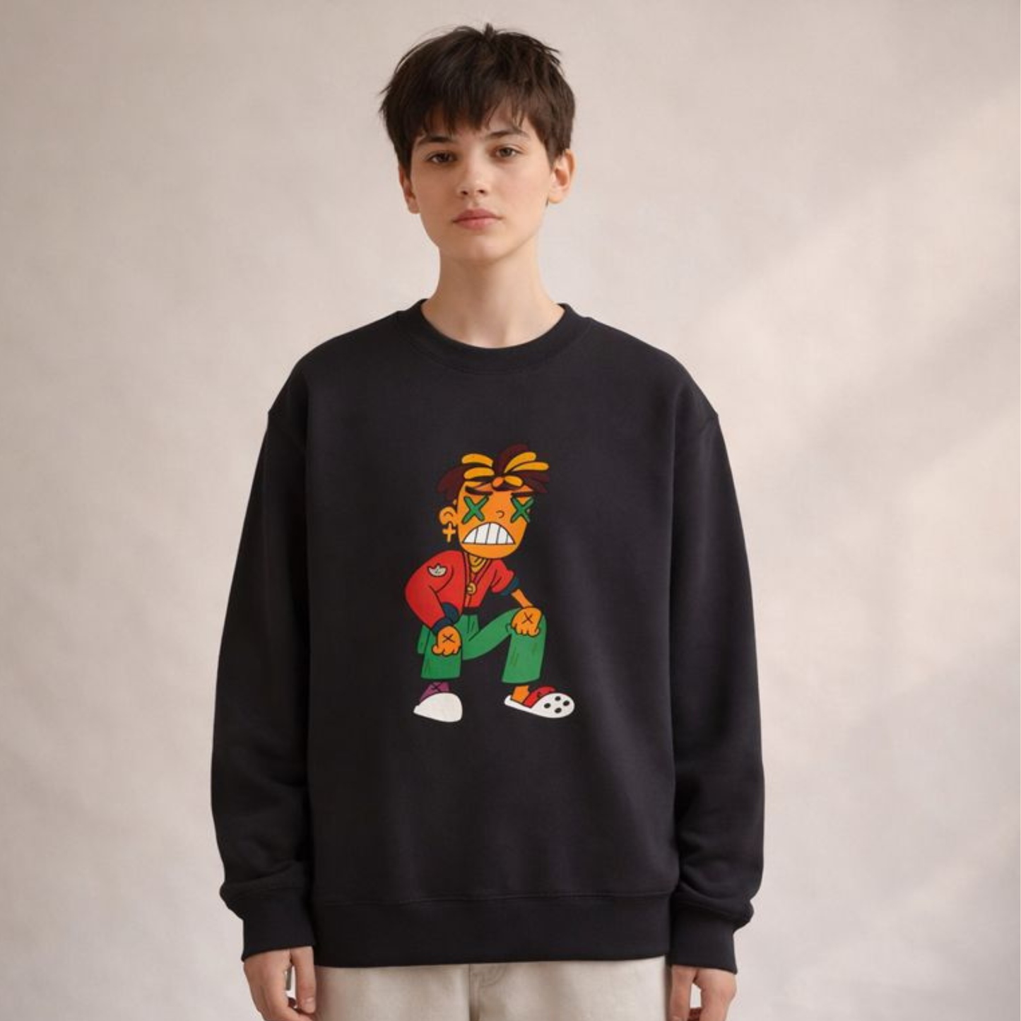Black unisex crewneck sweatshirt featuring an expressive cartoon character illustration, clean studio styling.